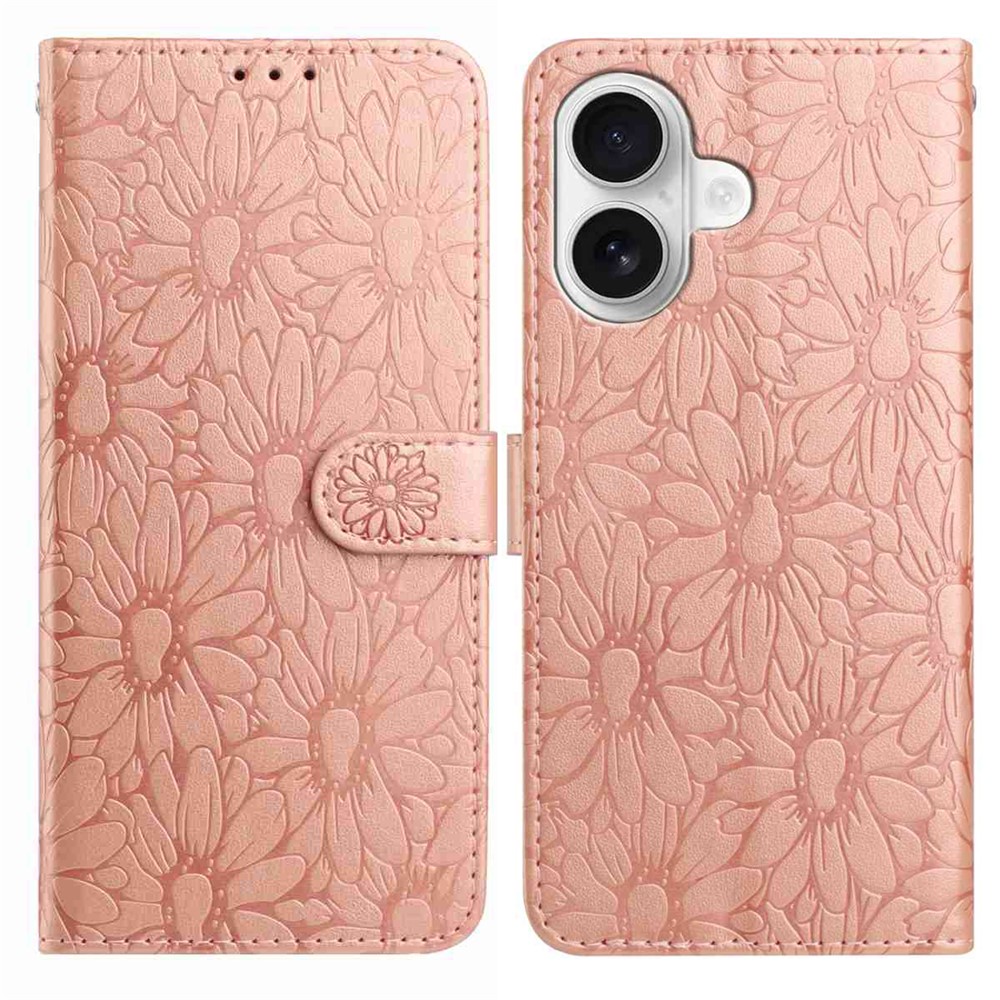 For iPhone 16 Plus Leather Case Daisy Imprint Wallet Stand Phone Protective Cover - Rose Gold