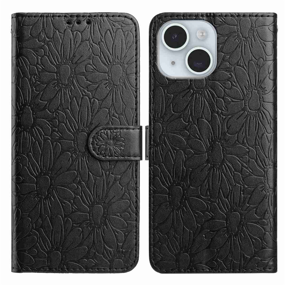 For iPhone 15 Leather Case Daisy Imprint Wallet Stand Phone Protective Cover - Black