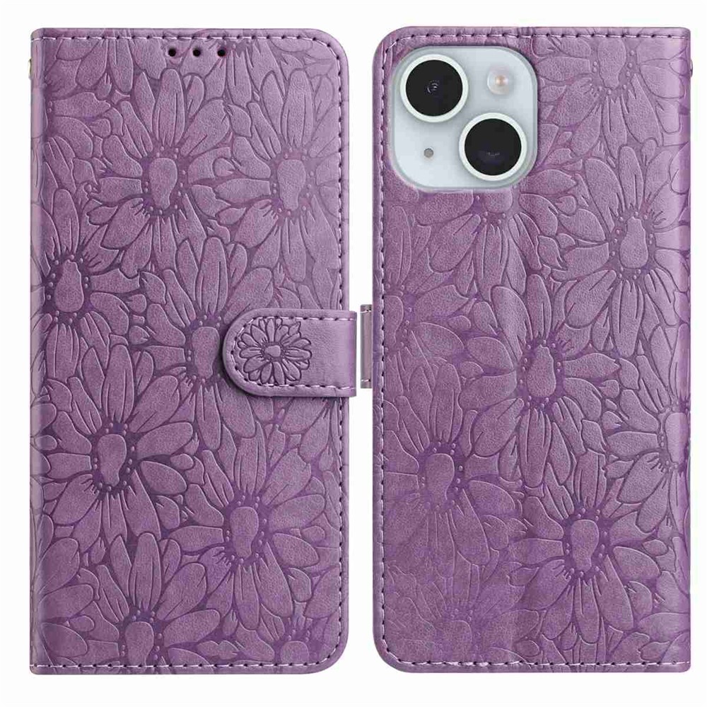 For iPhone 15 Leather Case Daisy Imprint Wallet Stand Phone Protective Cover - Light Purple
