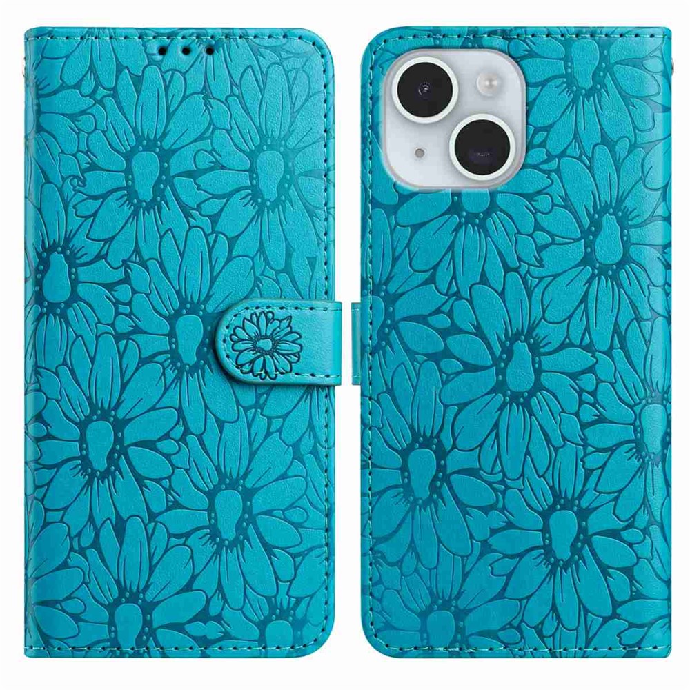 For iPhone 15 Leather Case Daisy Imprint Wallet Stand Phone Protective Cover - Baby Blue