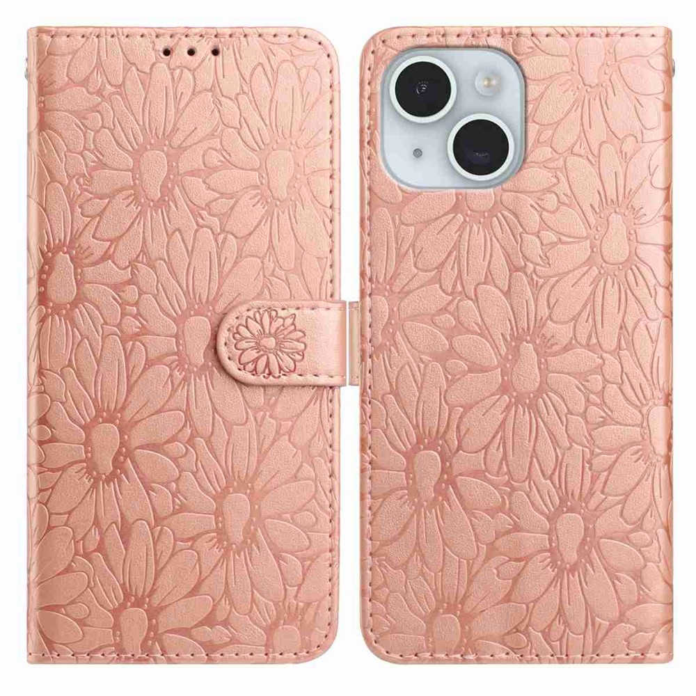 For iPhone 15 Leather Case Daisy Imprint Wallet Stand Phone Protective Cover - Rose Gold