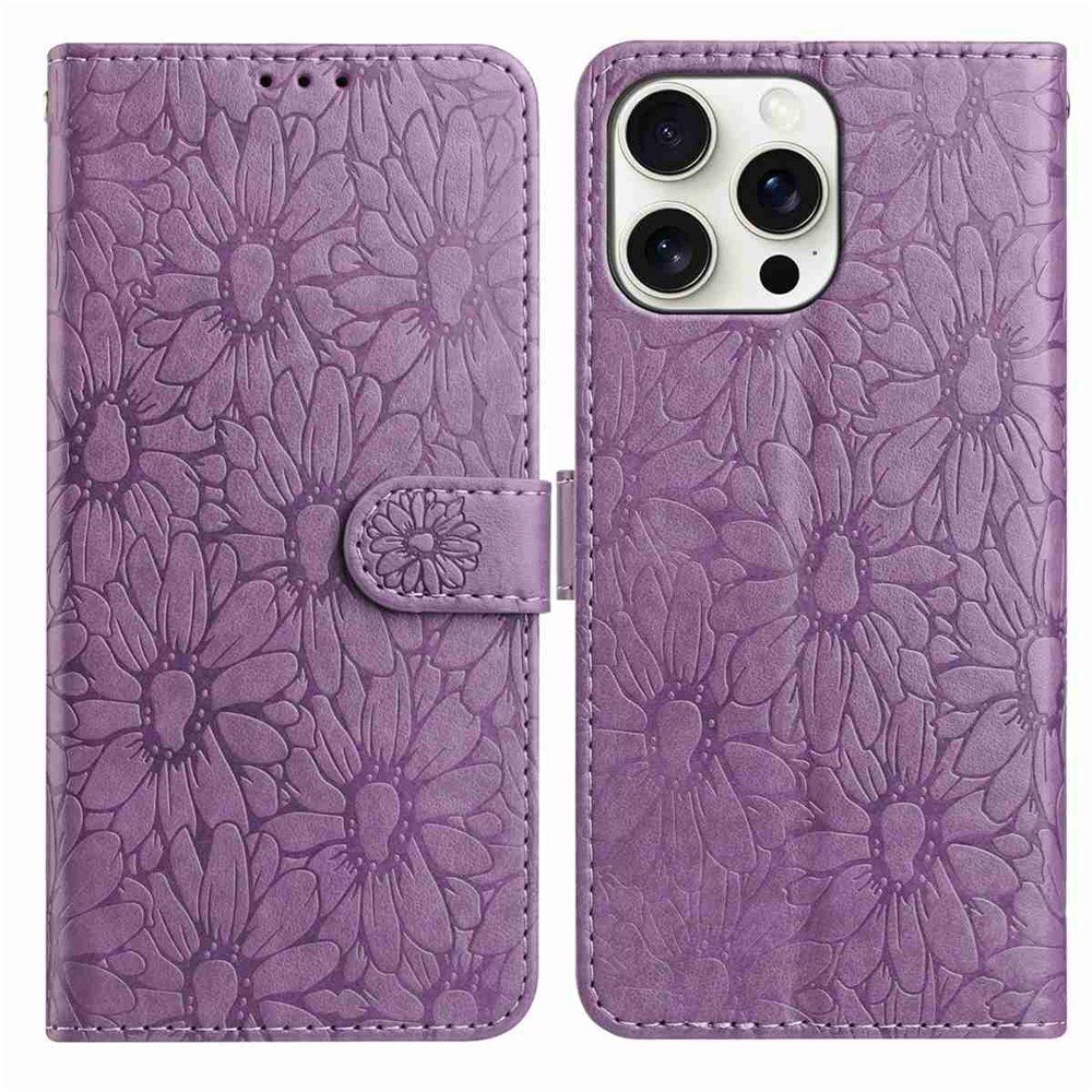 For iPhone 15 Pro Leather Case Daisy Imprint Wallet Stand Phone Protective Cover - Light Purple