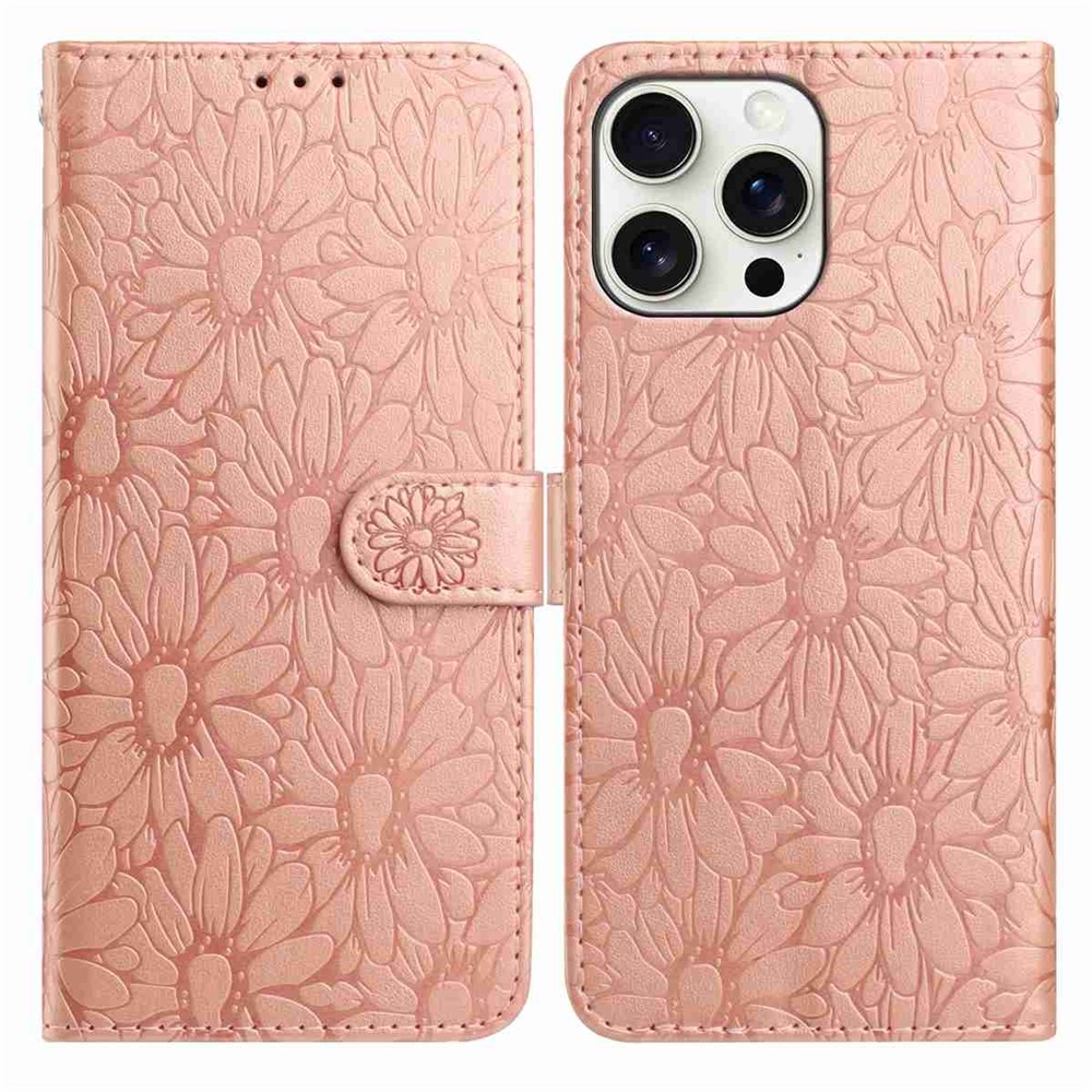 For iPhone 15 Pro Leather Case Daisy Imprint Wallet Stand Phone Protective Cover - Rose Gold