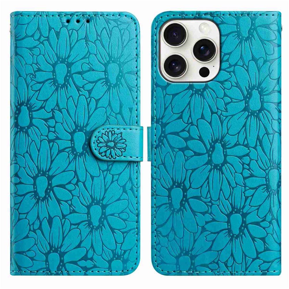 For iPhone 15 Pro Leather Case Daisy Imprint Wallet Stand Phone Protective Cover - Baby Blue