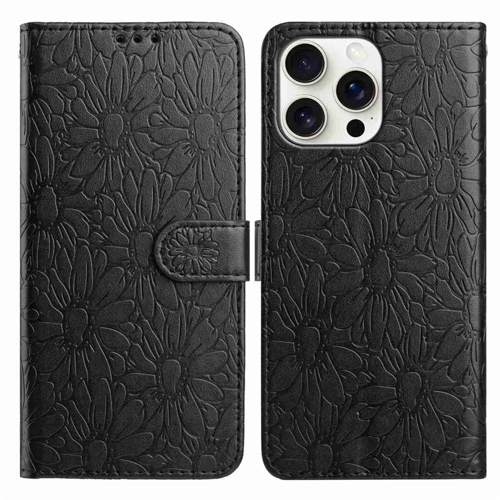 For iPhone 15 Pro Leather Case Daisy Imprint Wallet Stand Phone Protective Cover - Black