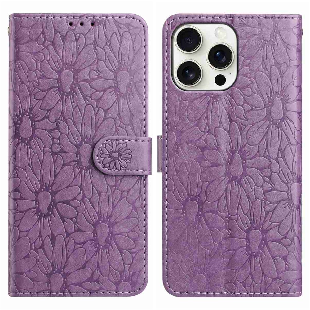 For iPhone 15 Pro Max Leather Case Daisy Imprint Wallet Stand Phone Protective Cover - Light Purple