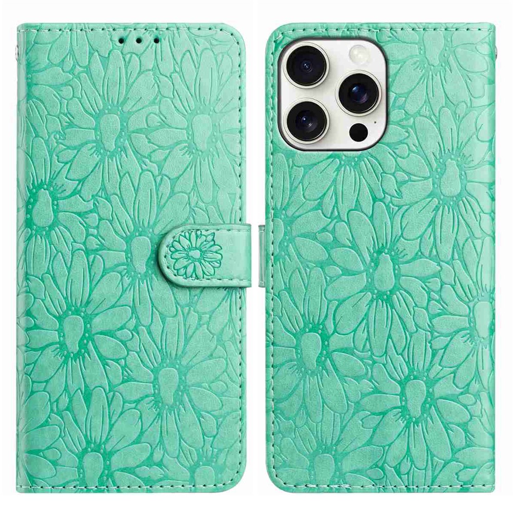 For iPhone 15 Pro Max Leather Case Daisy Imprint Wallet Stand Phone Protective Cover - Green