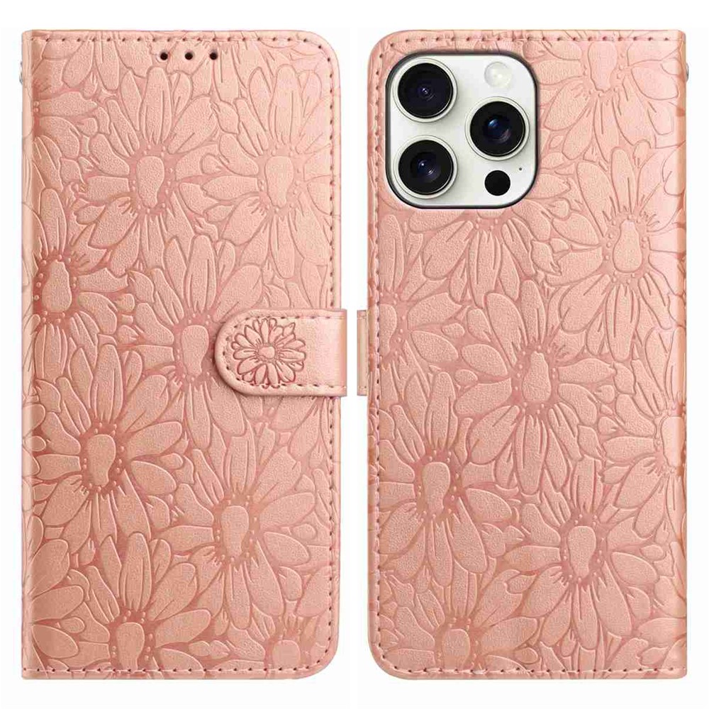 For iPhone 15 Pro Max Leather Case Daisy Imprint Wallet Stand Phone Protective Cover - Rose Gold