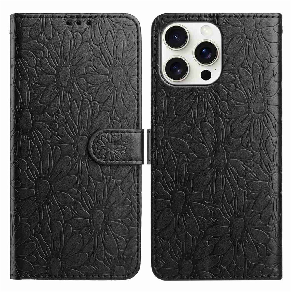 For iPhone 15 Pro Max Leather Case Daisy Imprint Wallet Stand Phone Protective Cover - Black