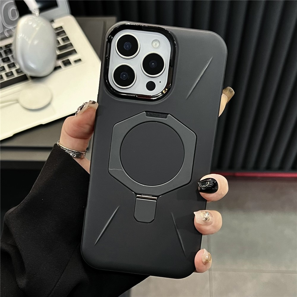 For iPhone 15 Pro Magnetic Case TPU + PC Rhombus Kickstand Phone Back Cover - Black