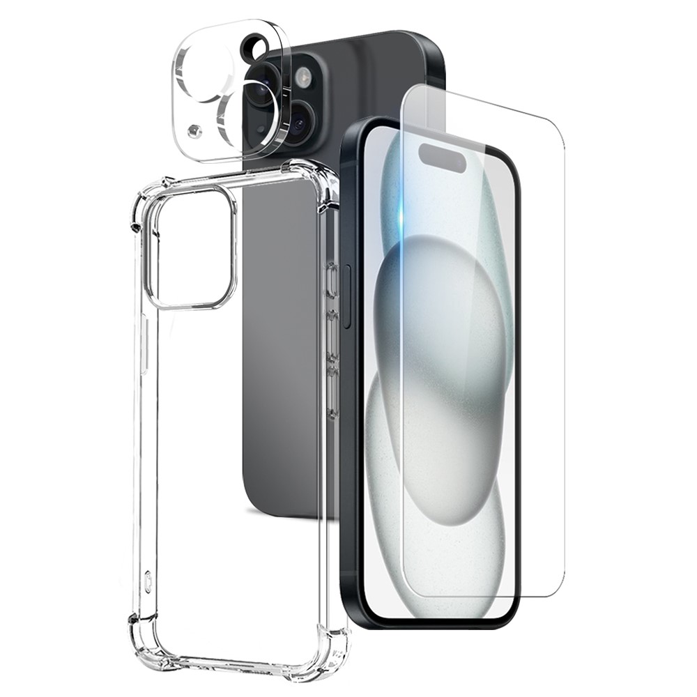 NORTHJO For iPhone 15 Clear Case Shockproof TPU Cover with Tempered Glass and Camera Lens Film