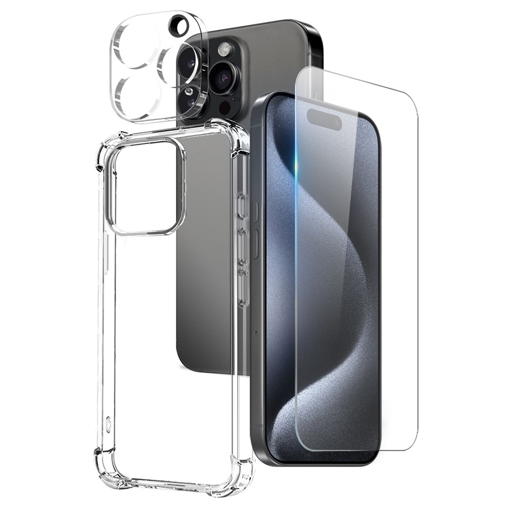 NORTHJO For iPhone 15 Pro Max Clear Case Shockproof TPU Cover with Tempered Glass and Camera Lens Film