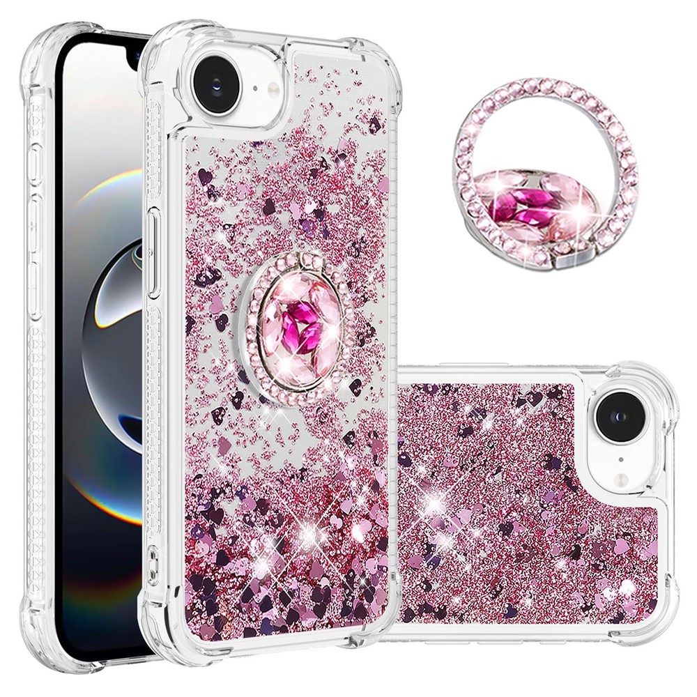 For iPhone 16e TPU Case with Kickstand Quicksand Shockproof Cover - Rose Gold / Hearts