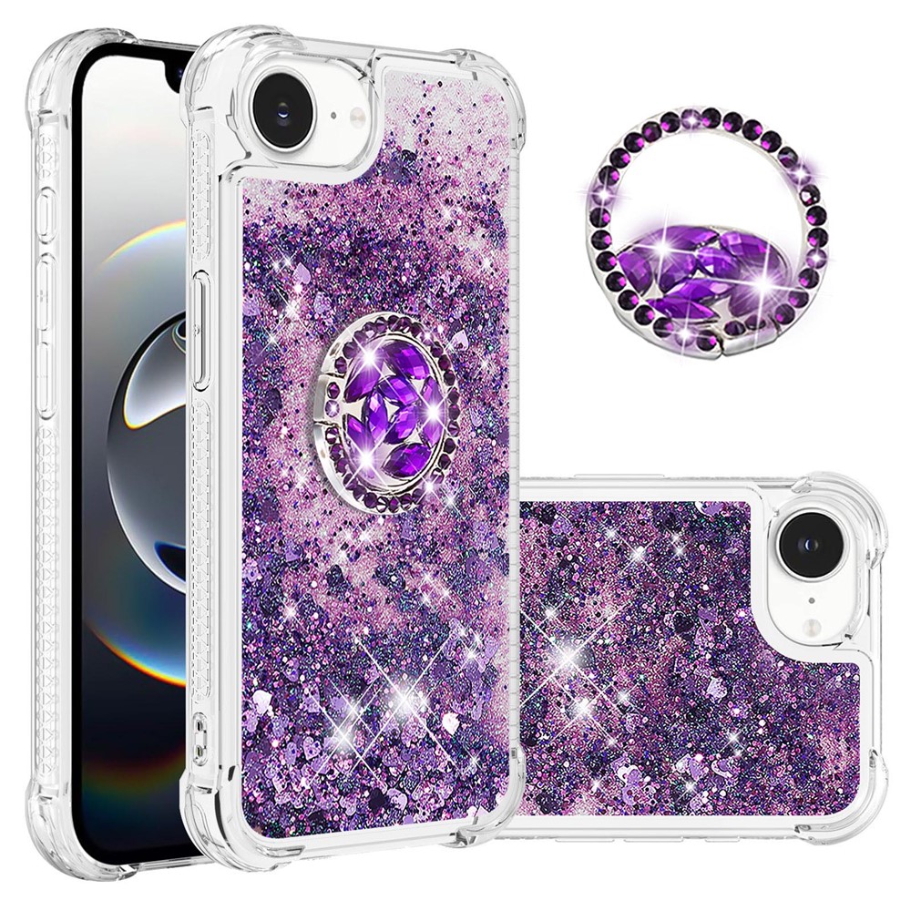 For iPhone 16e TPU Case with Kickstand Quicksand Shockproof Cover - Dark Purple / Heart