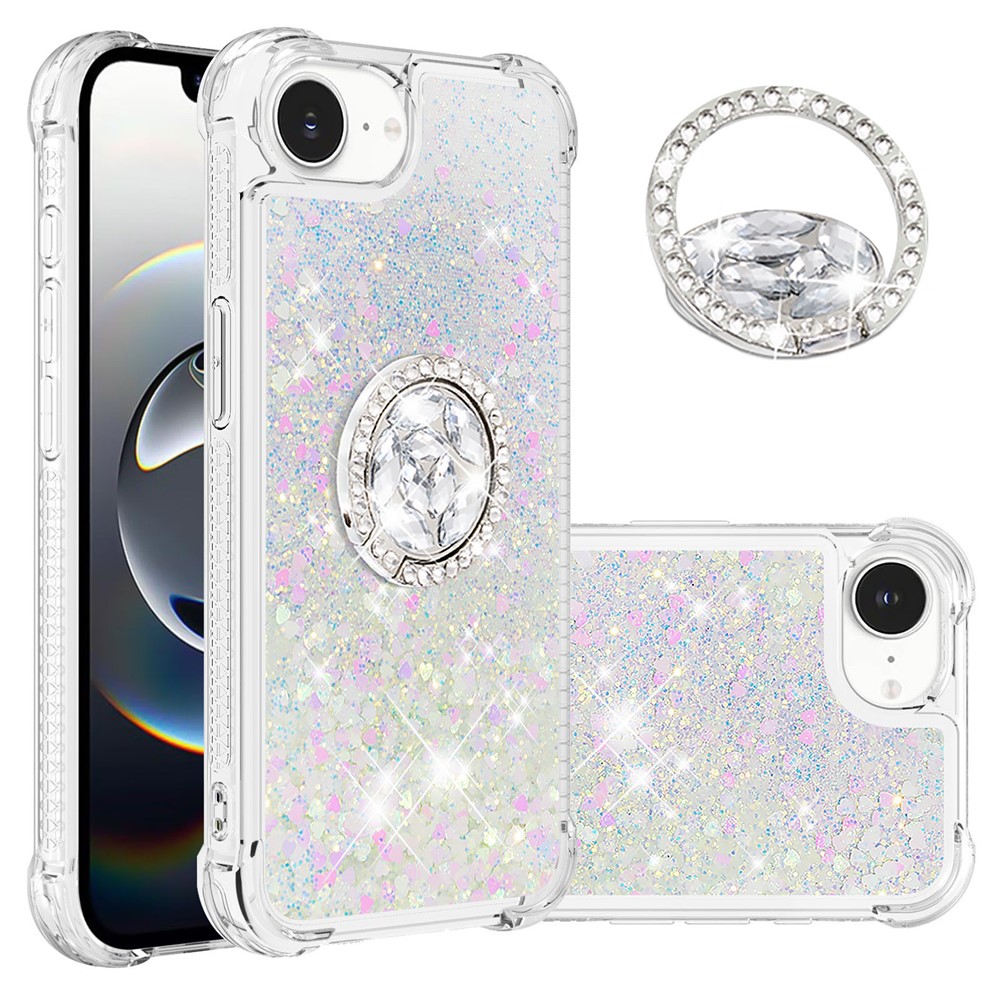 For iPhone 16e TPU Case with Kickstand Quicksand Shockproof Cover - Laser / Hearts