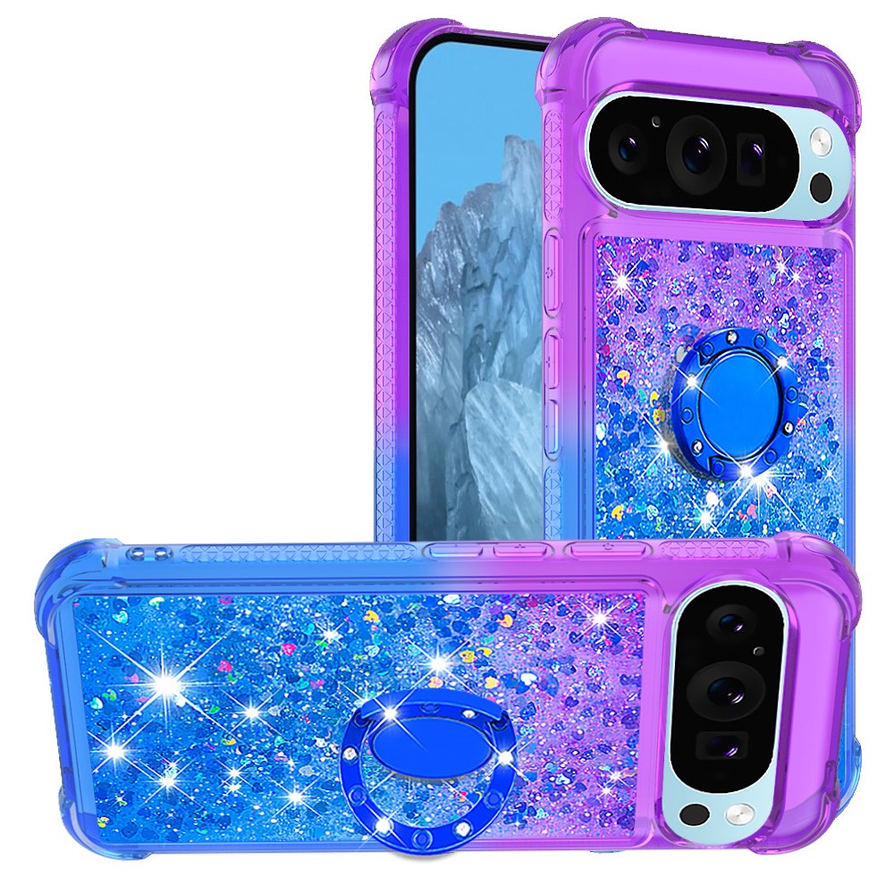 For Google Pixel 10 Pro / 10 TPU Case with Kickstand Gradiant Quicksand Shockproof Cover - Purple+Sky Blue