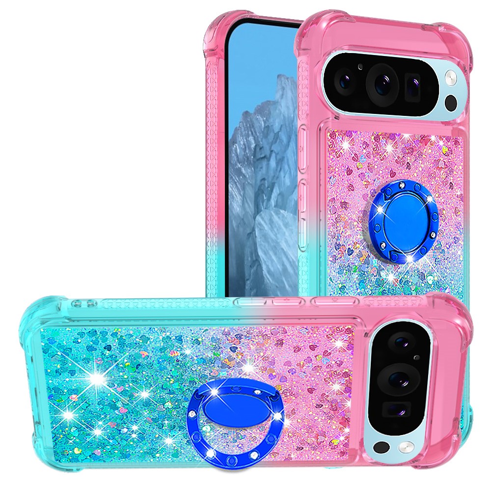 For Google Pixel 10 Pro XL TPU Case with Kickstand Gradiant Quicksand Shockproof Cover - Pink+Sky Blue