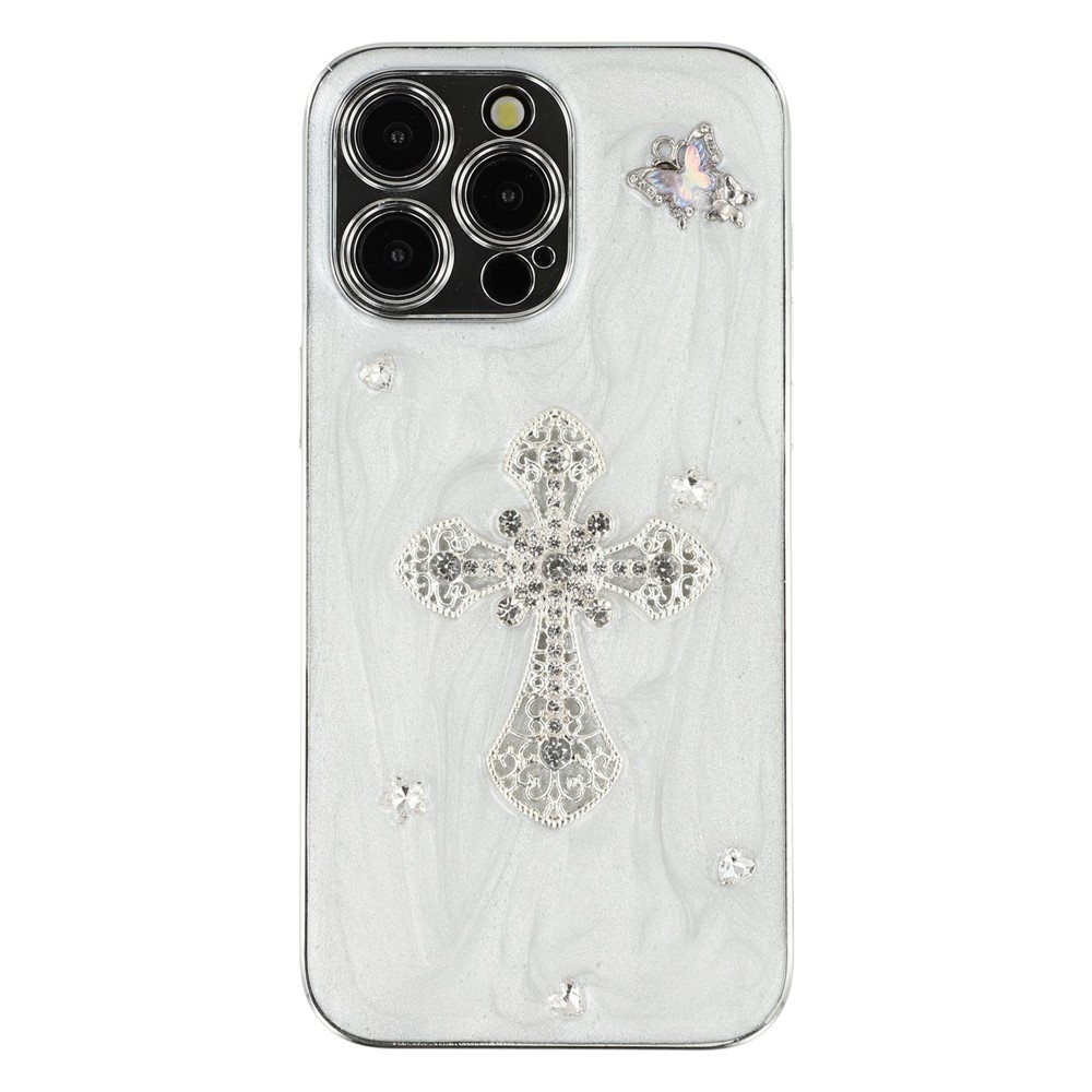 For iPhone 15 Pro Max Case Electroplated Epoxy Metal Decor TPU + Acrylic Phone Cover Precise Cutouts - Rhinestone Cross