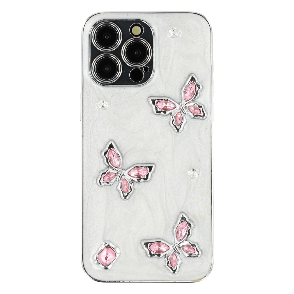 For iPhone 15 Pro Max Case Electroplated Epoxy Metal Decor TPU + Acrylic Phone Cover Precise Cutouts - Three Butterflies