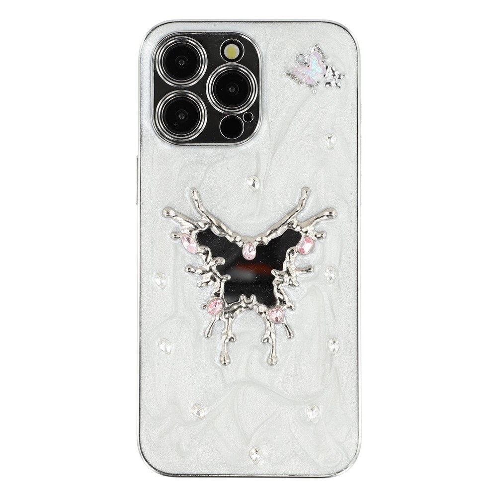 For iPhone 14 Pro Case Electroplated Epoxy Metal Decor TPU + Acrylic Phone Cover Precise Cutouts - Mirror Butterfly