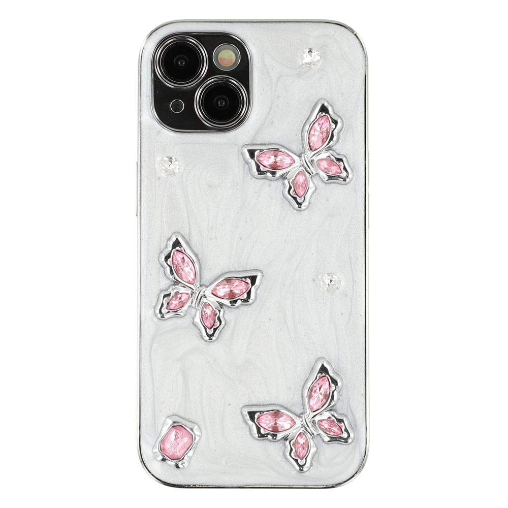 For iPhone 15 Case Electroplated Epoxy Metal Decor TPU + Acrylic Phone Cover Precise Cutouts - Three Butterflies