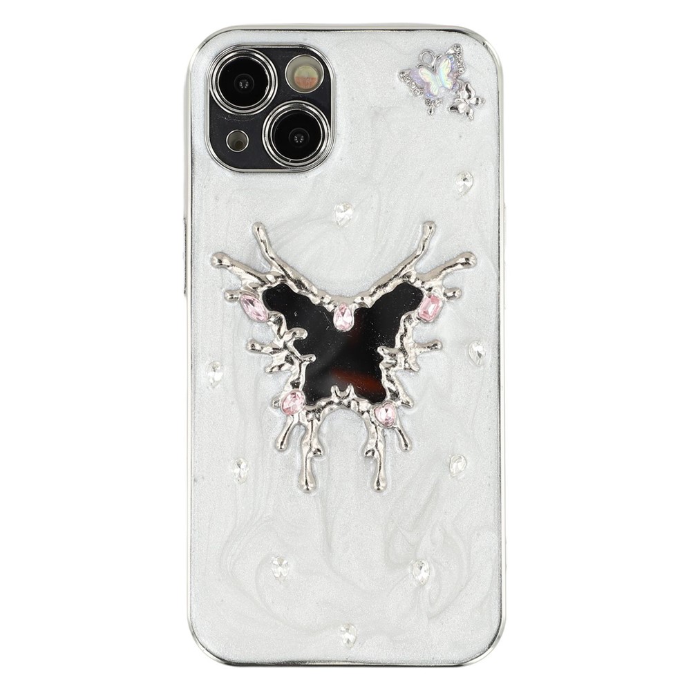 For iPhone 15 Case Electroplated Epoxy Metal Decor TPU + Acrylic Phone Cover Precise Cutouts - Mirror Butterfly