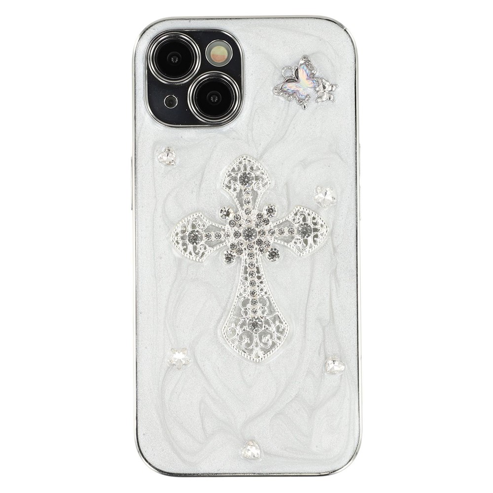 For iPhone 14 Case Electroplated Epoxy Metal Decor TPU + Acrylic Phone Cover Precise Cutouts - Rhinestone Cross