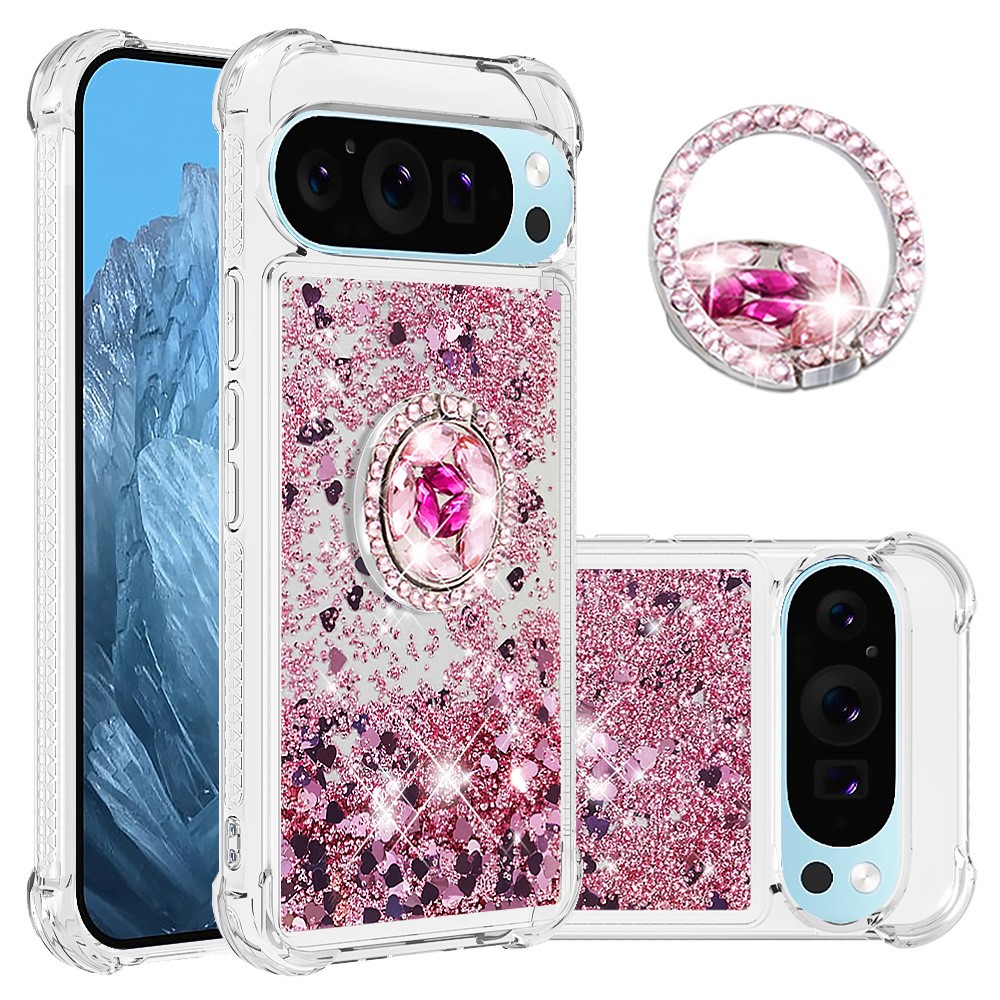 For Google Pixel 10 Pro XL TPU Case with Kickstand Quicksand Shockproof Cover - Rose Gold / Hearts