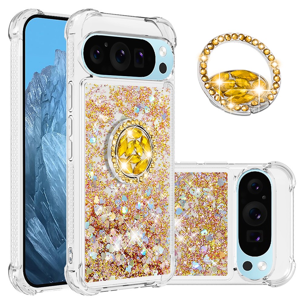 For Google Pixel 10 Pro XL TPU Case with Kickstand Quicksand Shockproof Cover - Gold / Hearts