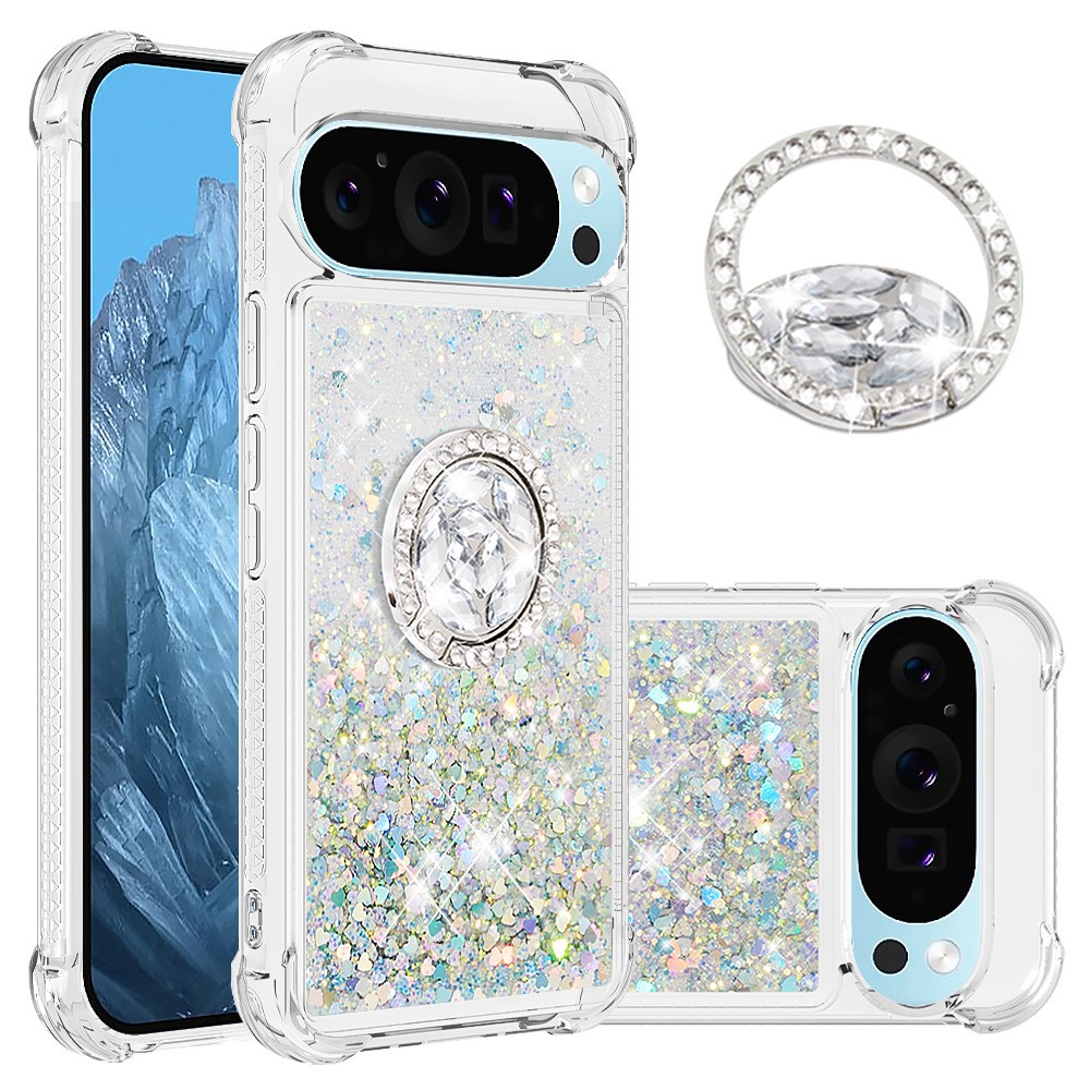 For Google Pixel 10 Pro XL TPU Case with Kickstand Quicksand Shockproof Cover - Silver / Hearts