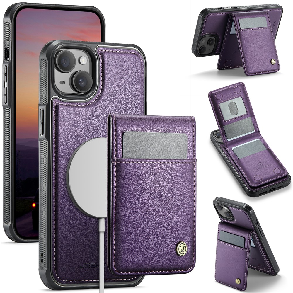 For iPhone 14 Leather Back Cover Compatible with MagSafe JEEHOOD J06 Phone Case with Card Bag RFID Blocking - Purple