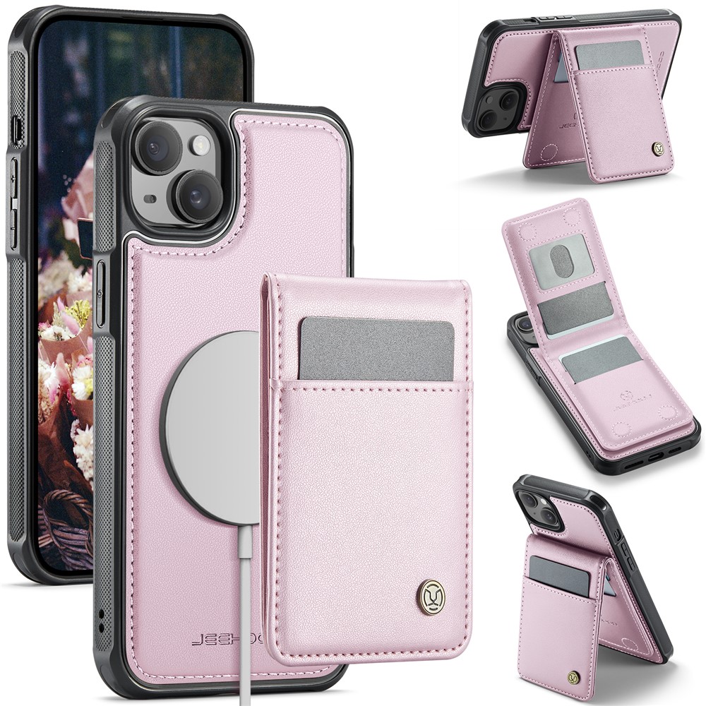For iPhone 14 Plus Leather Back Cover Compatible with MagSafe JEEHOOD J06 Phone Case with Card Bag RFID Blocking - Pink