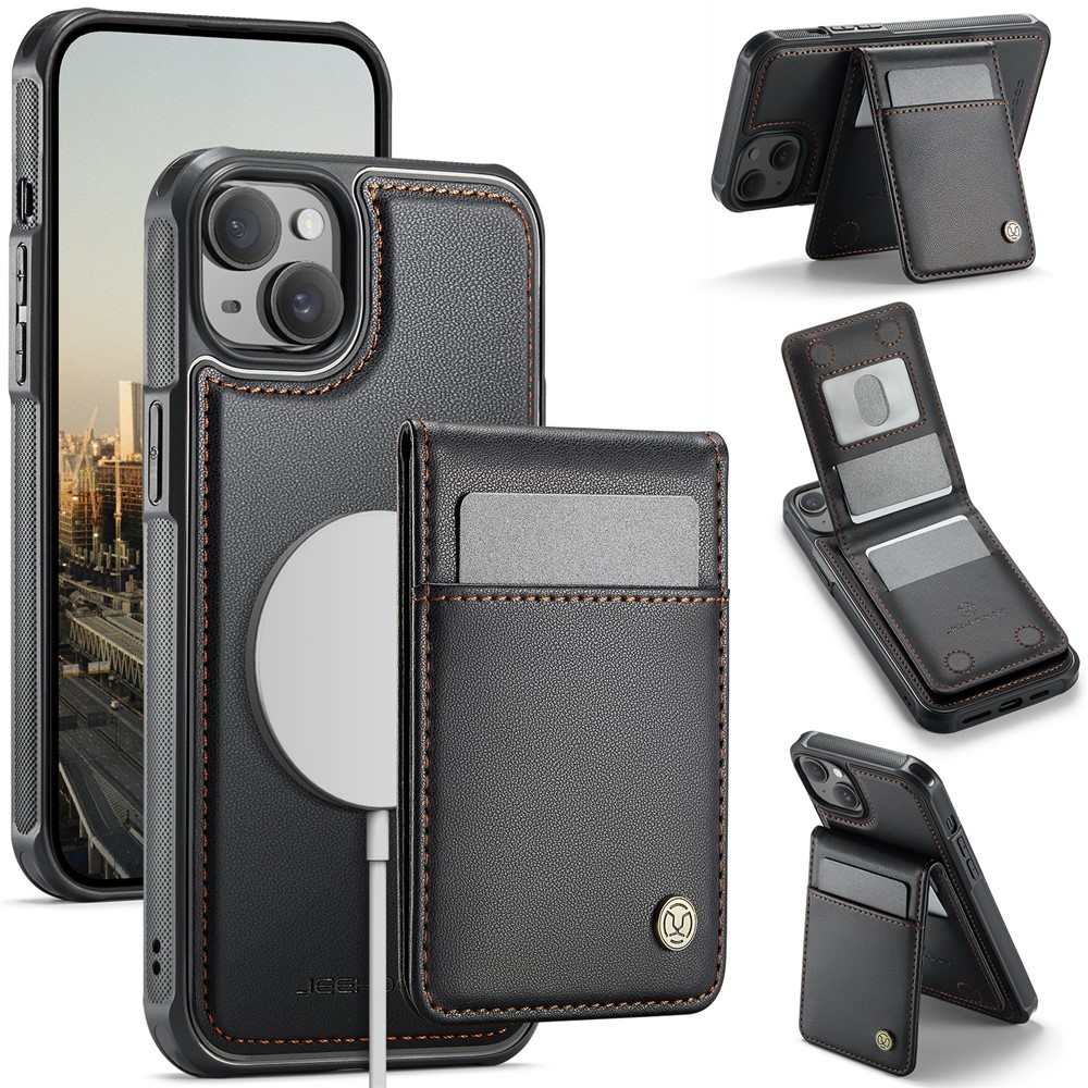 For iPhone 14 Plus Leather Back Cover Compatible with MagSafe JEEHOOD J06 Phone Case with Card Bag RFID Blocking - Black