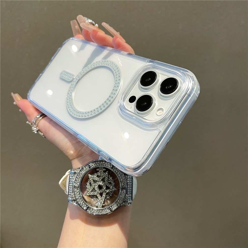 For iPhone 15 Pro Max Case Compatible with MagSafe Rhinestone Decor TPU + PC Phone Cover - White