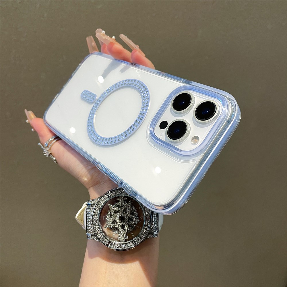 For iPhone 15 Pro Max Case Compatible with MagSafe Rhinestone Decor TPU + PC Phone Cover - Blue