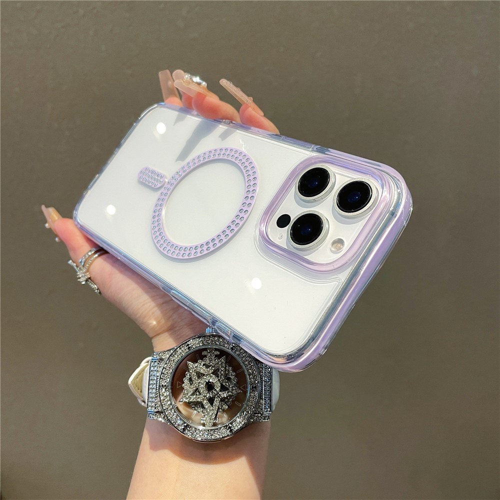 For iPhone 15 Pro Max Case Compatible with MagSafe Rhinestone Decor TPU + PC Phone Cover - Purple