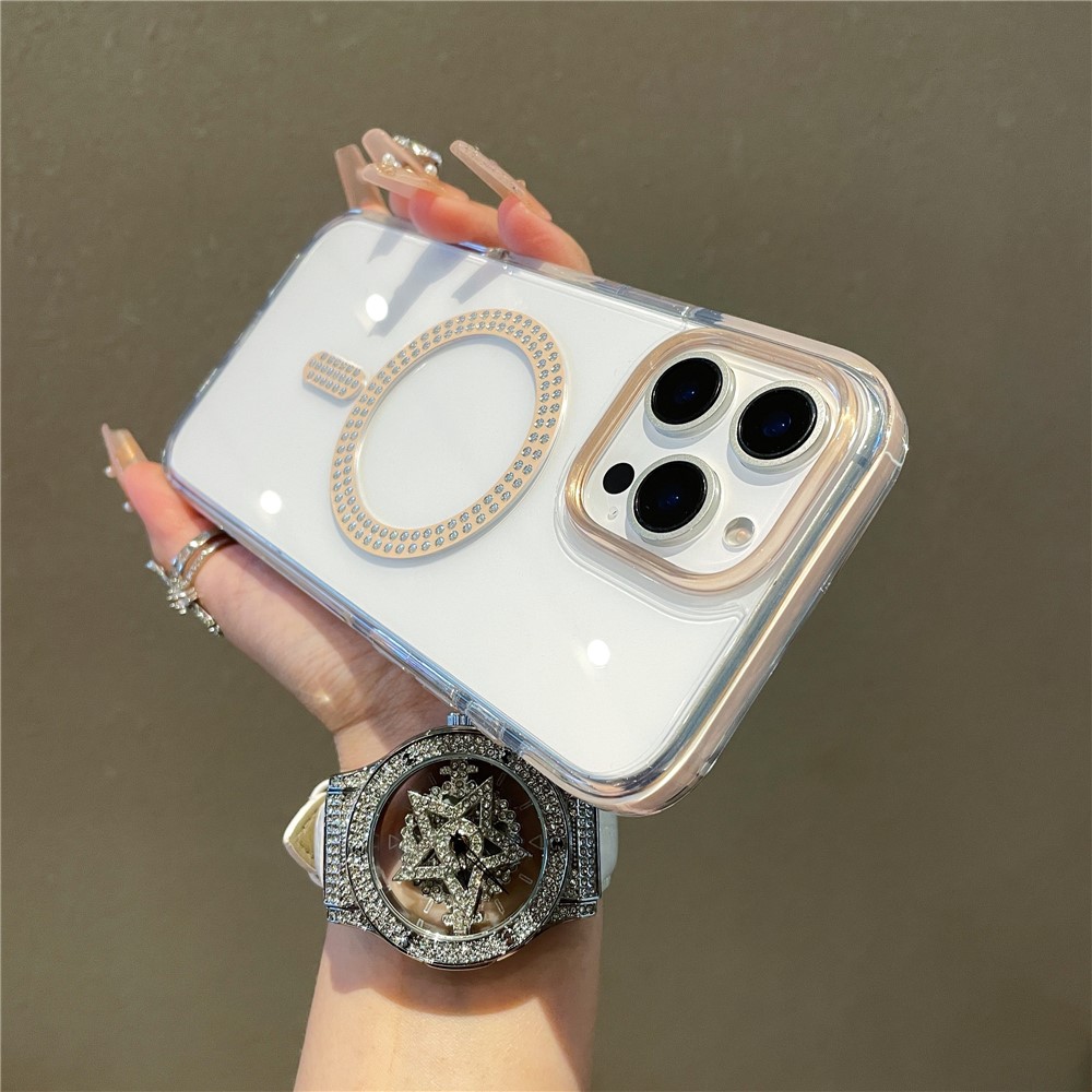 For iPhone 15 Pro Max Case Compatible with MagSafe Rhinestone Decor TPU + PC Phone Cover - Brown