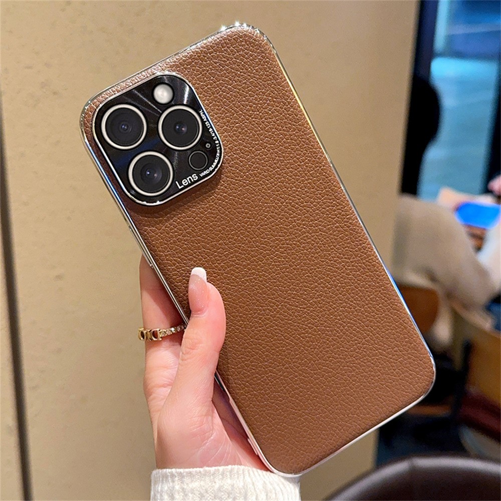 For iPhone 15 Pro Max Case Electroplating Edge Litchi Texture Leather + PC Phone Cover - Dark Coffee