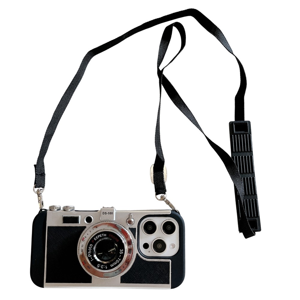 For iPhone 15 Pro Case Vintage Style Camera Design Phone Cover with Crossbody Strap