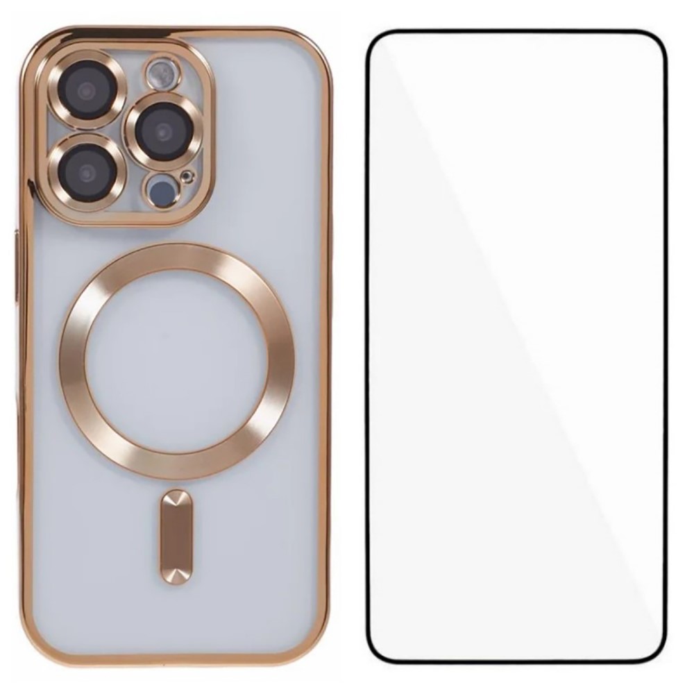 WANLONFENG For iPhone 16 Pro Max Magnetic Case Full Protection Electroplated TPU Cover with Tempered Glass - Gold