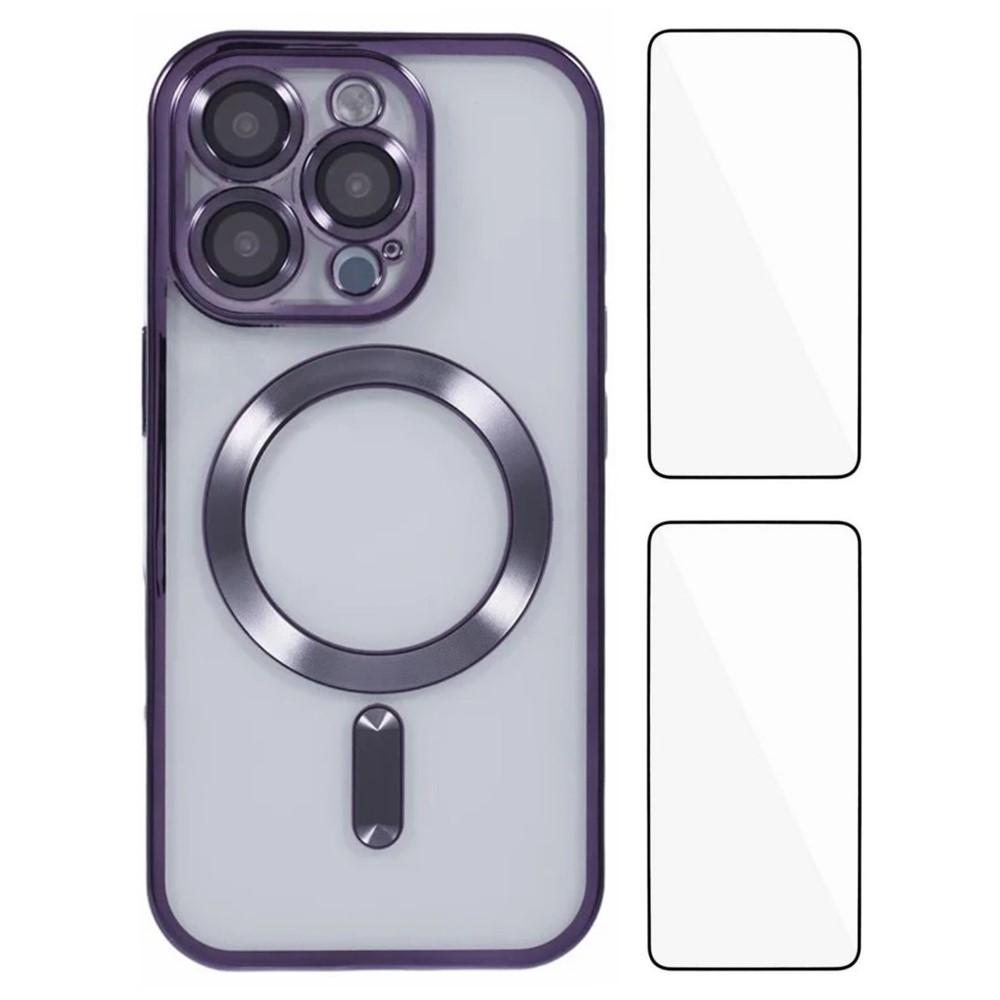 WANLONFENG For iPhone 16 Pro Max Magnetic Case Electroplated TPU Cover with Lens Film + 2Pcs Tempered Glass - Dark Purple