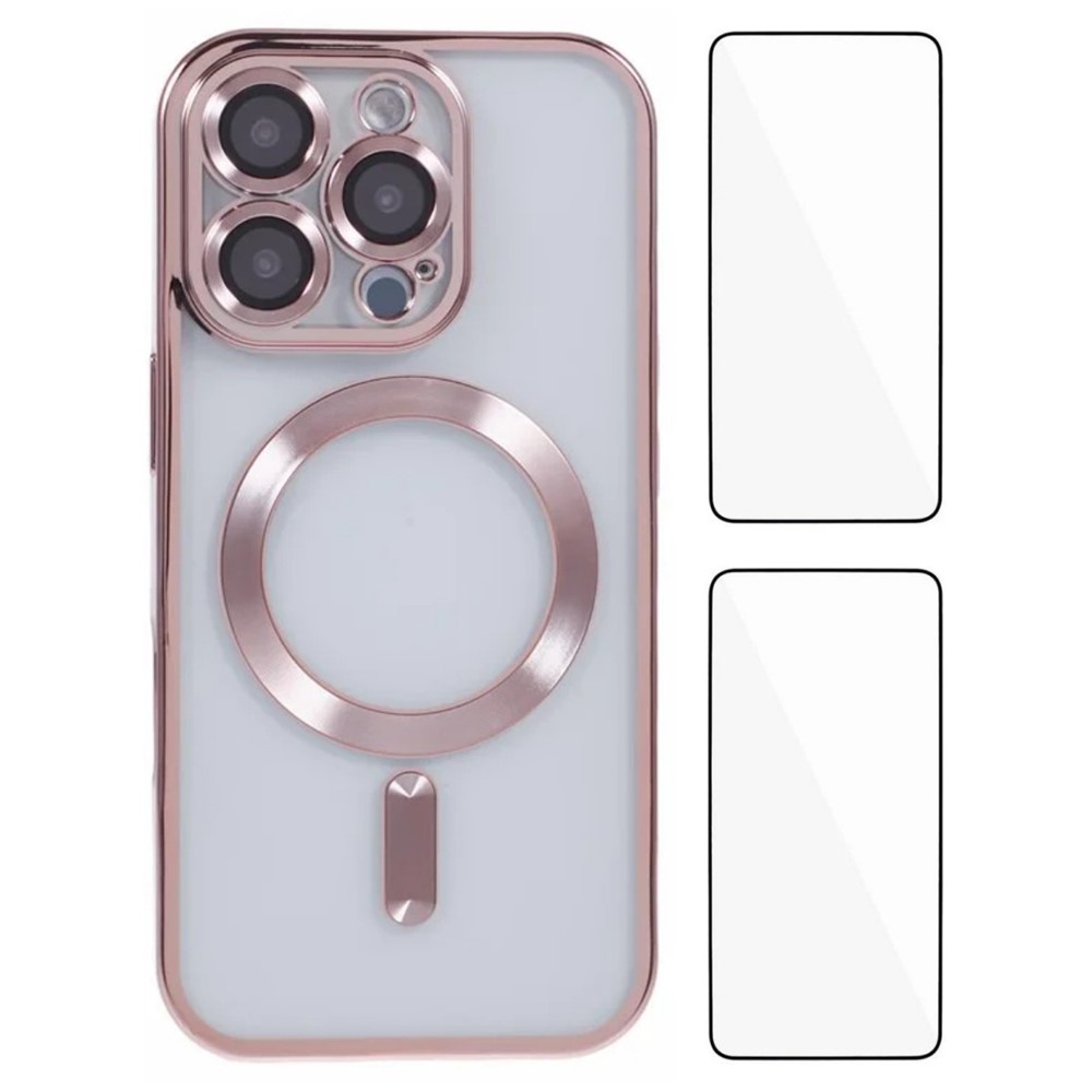 WANLONFENG For iPhone 16 Pro Max Magnetic Case Electroplated TPU Cover with Lens Film + 2Pcs Tempered Glass - Pink