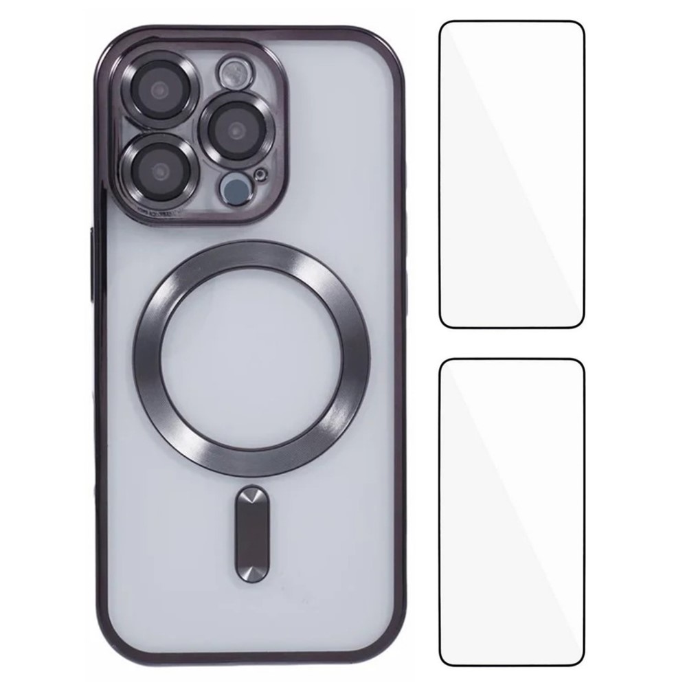 WANLONFENG For iPhone 16 Pro Max Magnetic Case Electroplated TPU Cover with Lens Film + 2Pcs Tempered Glass - Black