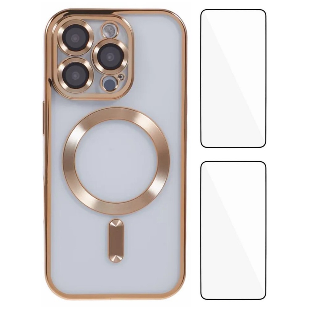 WANLONFENG For iPhone 16 Pro Max Magnetic Case Electroplated TPU Cover with Lens Film + 2Pcs Tempered Glass - Gold