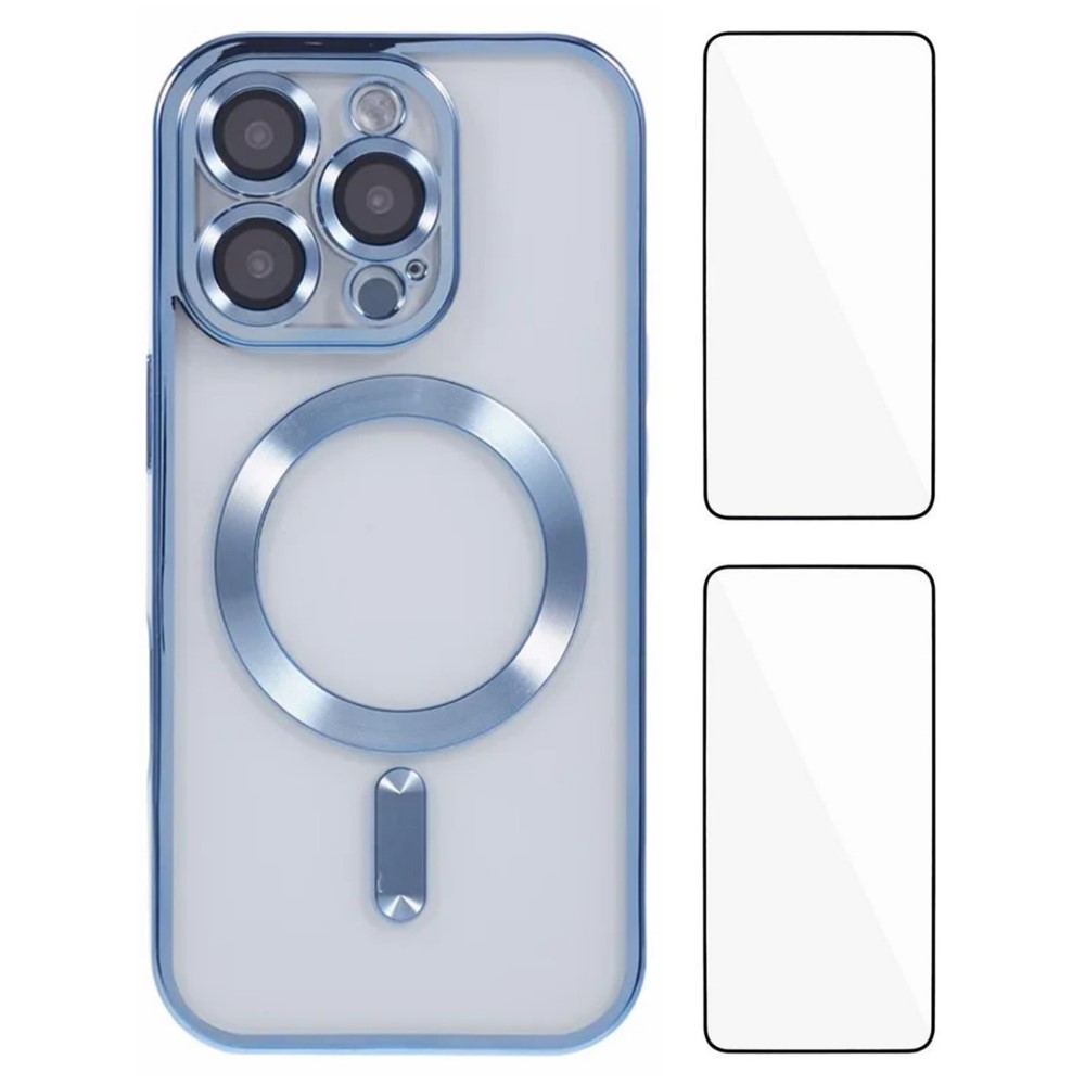 WANLONFENG For iPhone 16 Pro Max Magnetic Case Electroplated TPU Cover with Lens Film + 2Pcs Tempered Glass - Blue