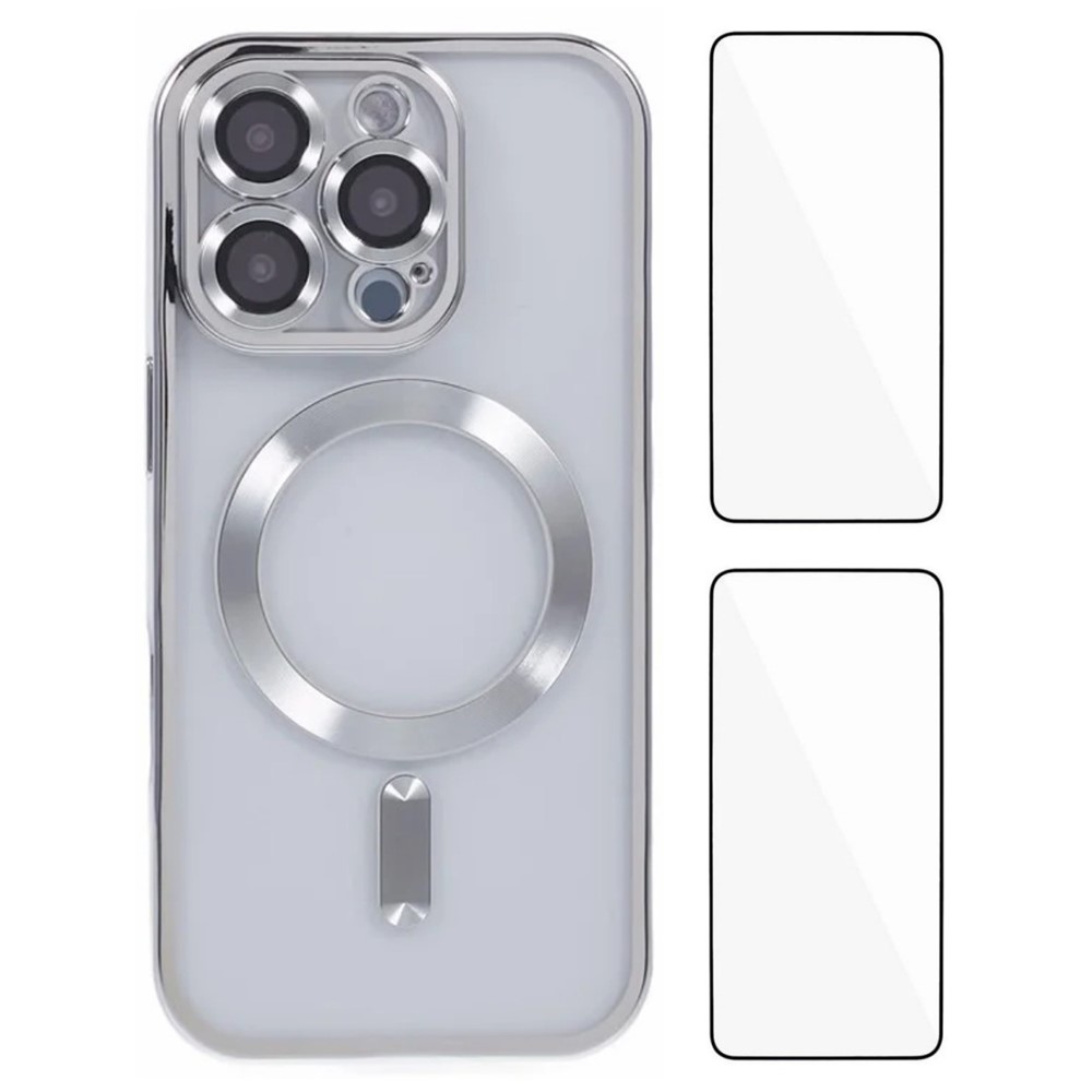WANLONFENG For iPhone 16 Pro Max Magnetic Case Electroplated TPU Cover with Lens Film + 2Pcs Tempered Glass - Silver