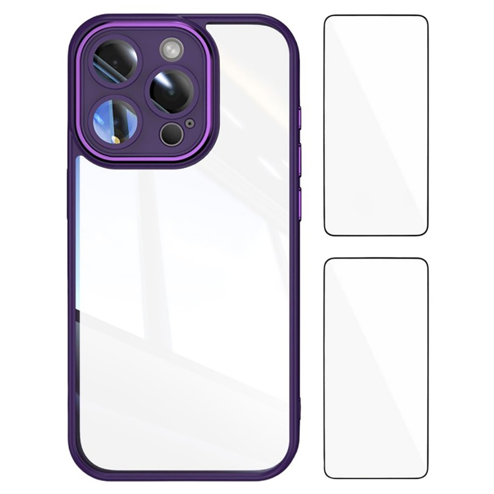 WANLONFENG For iPhone 16 Pro Max TPU Case with 2Pcs Tempered Glass Film Drop-Proof Clear Phone Cover - Dark Purple