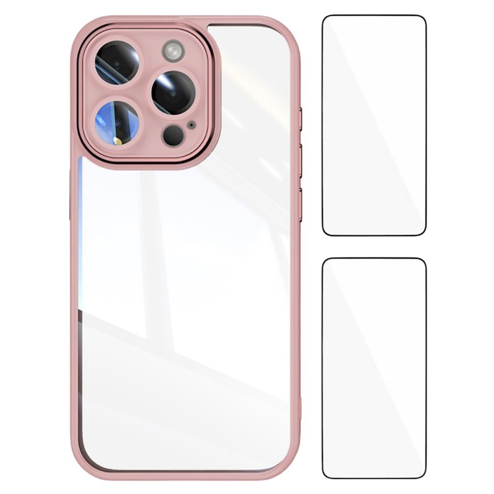 WANLONFENG For iPhone 16 Pro Max TPU Case with 2Pcs Tempered Glass Film Drop-Proof Clear Phone Cover - Pink