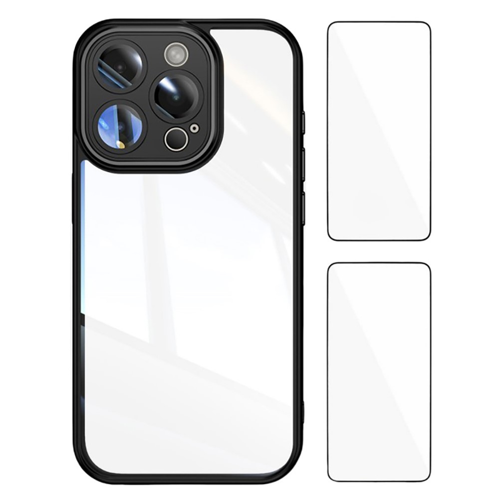 WANLONFENG For iPhone 16 Pro Max TPU Case with 2Pcs Tempered Glass Film Drop-Proof Clear Phone Cover - Black