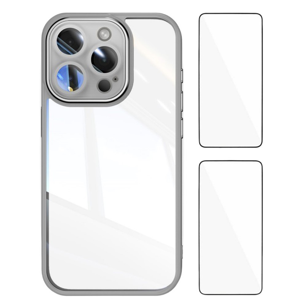 WANLONFENG For iPhone 16 Pro Max TPU Case with 2Pcs Tempered Glass Film Drop-Proof Clear Phone Cover - Grey